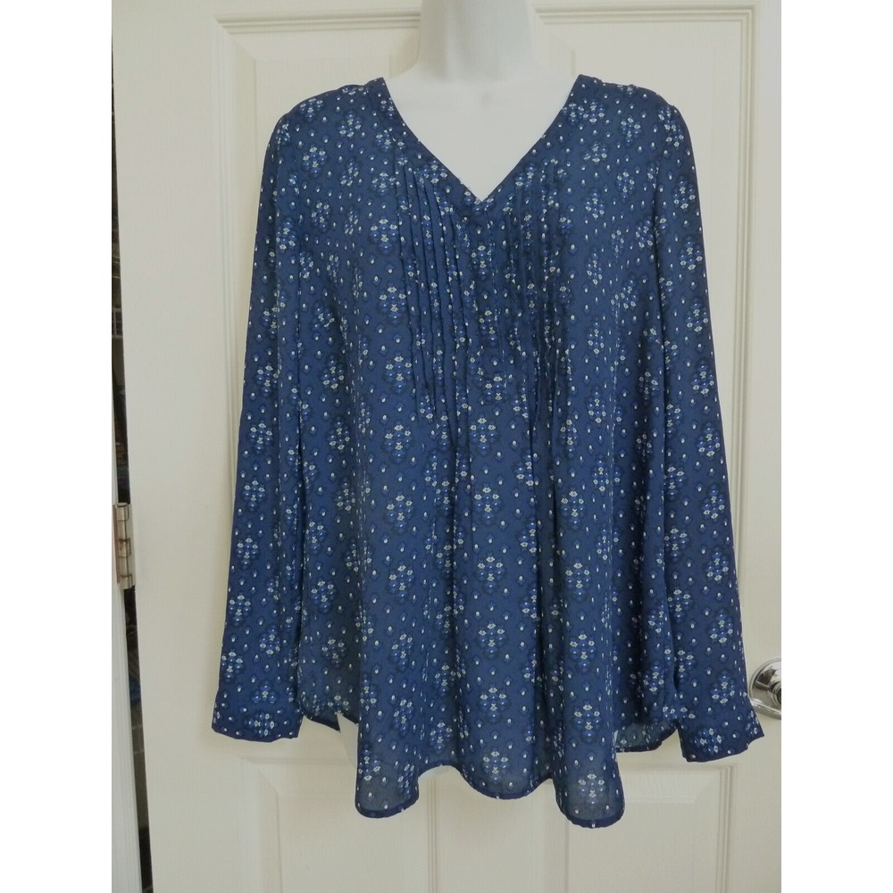 Daniel Rainn Blue White Floral Pin-Tucked Roll-Tab Sleeve Blouse Med 8/10